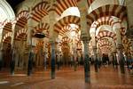 Colonne di marmo foresta sottostante doppie arcate, Cordoba Mezquita, Spagna.