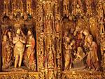 Focus sulla pala dell'altare maggiore (a destra, Lázaro de Resurrección), Cattedrale di Siviglia, Spagna.