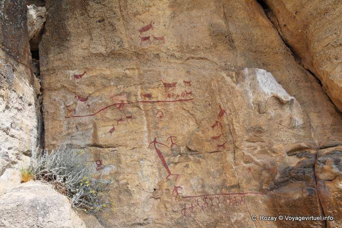 Paleolitica scogliera arte, pitture rupestri di Tehuelches, Walichu - Argentina