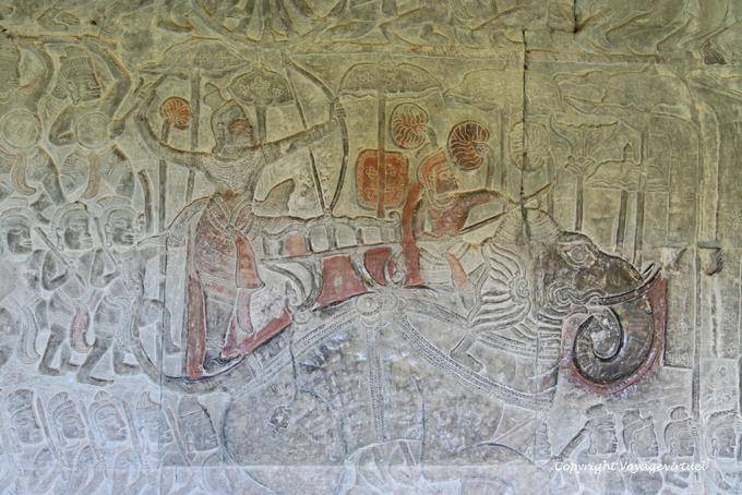 Archer su elefante dipinto bassorilievo, Angkor Wat, Angkor, Cambogia