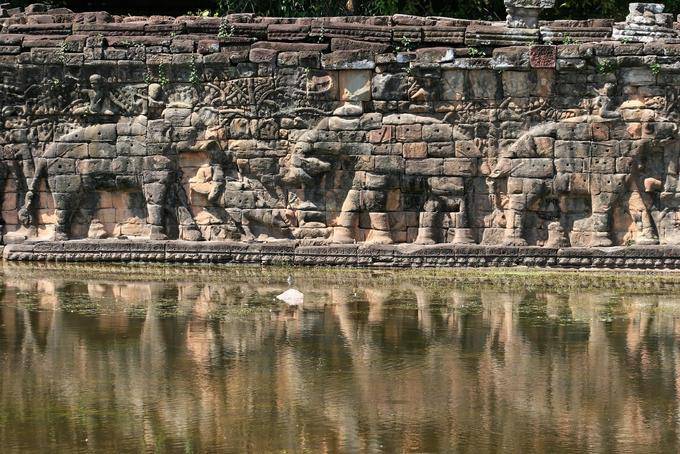 Fregio intagliato raffigurante una processione di elefanti, elefanti Terrazza, Angkor, Cambogia