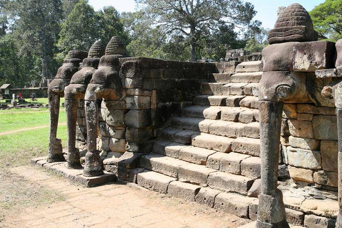 Scala con elefante a tre teste e lotus sul tronco, Elephant Terrace, Angkor, Cambogia