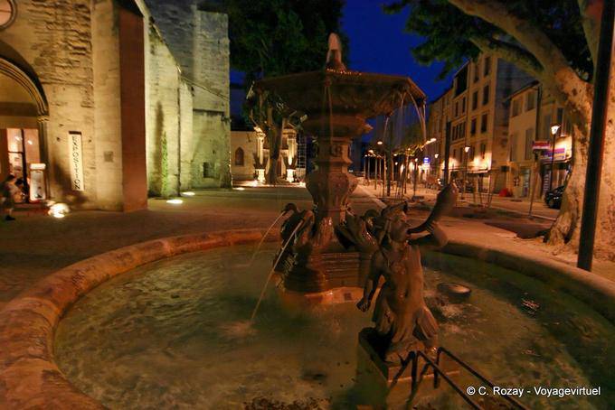 Fontana vista di notte in via Avignone, Provenza, Francia