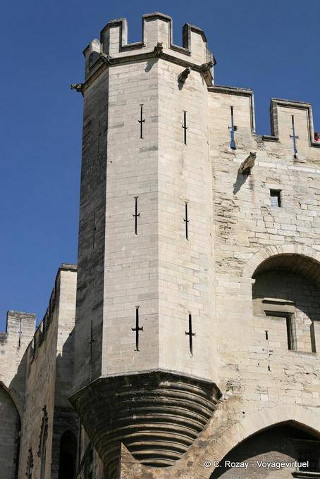 Torre angolo di close-up con i suoi doccioni, Palais des Papes, Avignon, Provenza, Francia