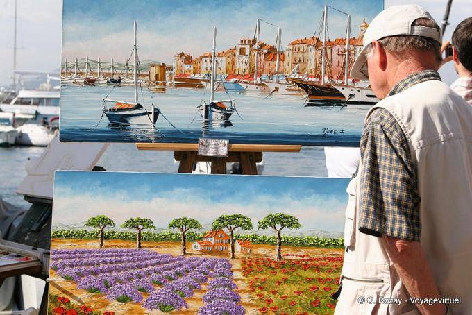 Saint-Tropez, mostra di pittura sulla porta, Provenza, Francia