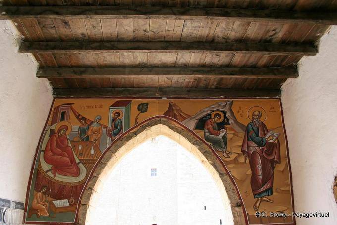 Décor e soffitto in legno, Monastero di Toplou - Creta, Grecia