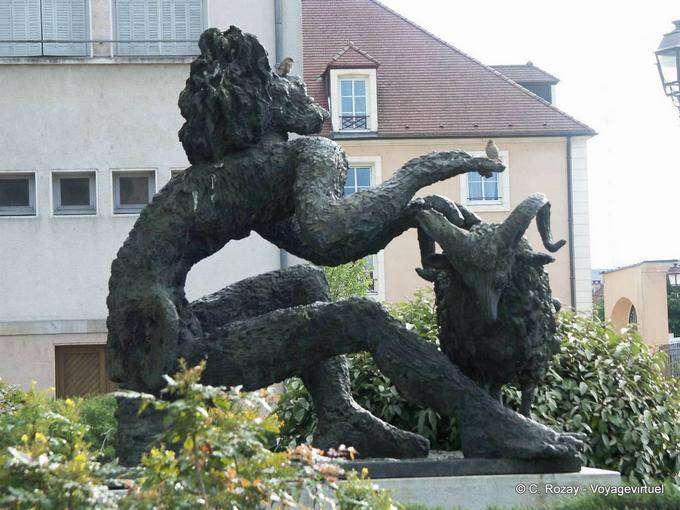 Scultura in bronzo, Ulisse nasconde il Ciclope in una capra, invece Barbarossa, Dole - Francia