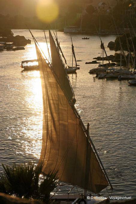 Sun nella vela della feluca, Nilo a sud della Old Cataract Aswan - Egitto