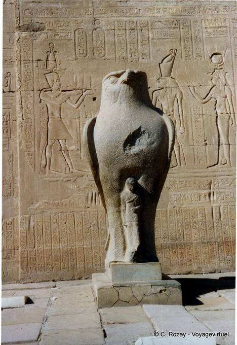 Statua di Horus il dio-falco di fronte a un pilone, tempio di Edfu - Egitto