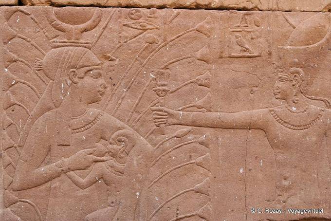 Hathor allatta il figlio Harsomtous, parete Mammisi (città natale), il Tempio di Edfu - Egitto