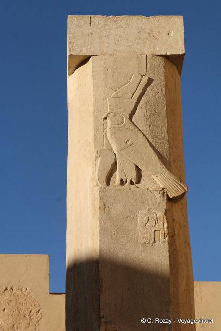 Nome Horus impresso su una colonna nel cortile, terza Terrazza, Tempio di Hatshepsut - Egitto