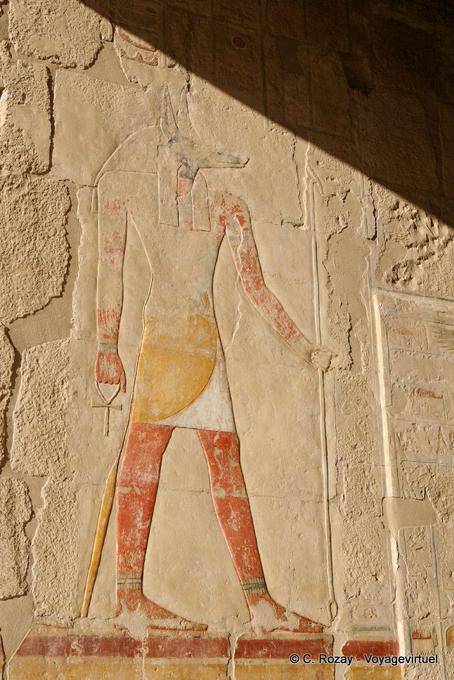 Anubis lo scettro era (mano sinistra) e l'ankh (a destra), Tempio di Hatshepsut - Egitto