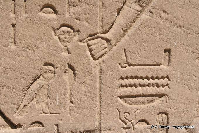 Primo piano dettagliato di un sollievo, testa, gufo e la mano tempio di Karnak - Egitto