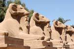 Ram-capo sfingi, divinità dalla testa di ariete del pantheon egizio, tempio di Karnak, Egitto.