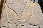 Concentrarsi sui volti di Amun e Mut, la coppia padrone di Karnak, Egitto.