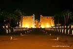 Notte panorama del dromos e il pilone di Ramses II, Luxor, Egitto.