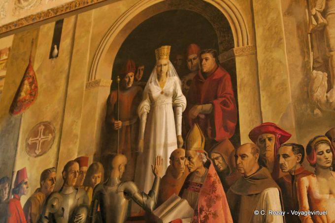 Affresco raffigurante l'incoronazione della regina Isabella la Cattolica, opera di Carlos Muñoz de Pablos, Sala della cambusa, Alcazar, Segovia - Spagna