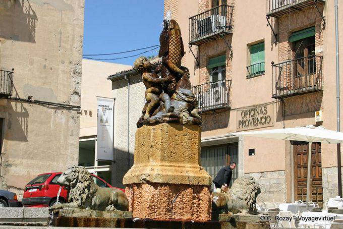 Fontana del Leone, con i bambini in possesso di un pesce, Plaza San Martin, Segovia - Spagna