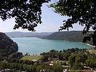 Lago di Chalain il campo visto dall'alto, Giura, Franca Contea, Francia.