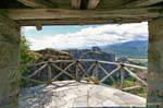 Balcone con vista Kastraki, Metamorphosis monastero, Meteora, Grecia.