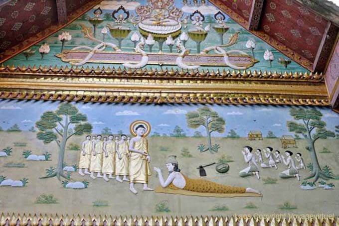 La vita di Buddha dipinto su una cappella, Wat Sene Soukharam, Laos