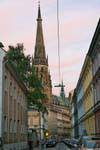 Waltherstrasse, luci serali, Neuer Dom, Linz, Austria.