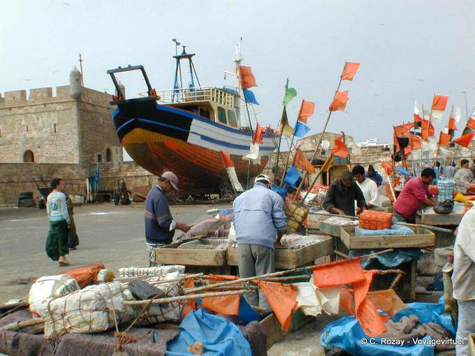 Preparazione di pesca e la barca bacini, Essaouira - Marocco