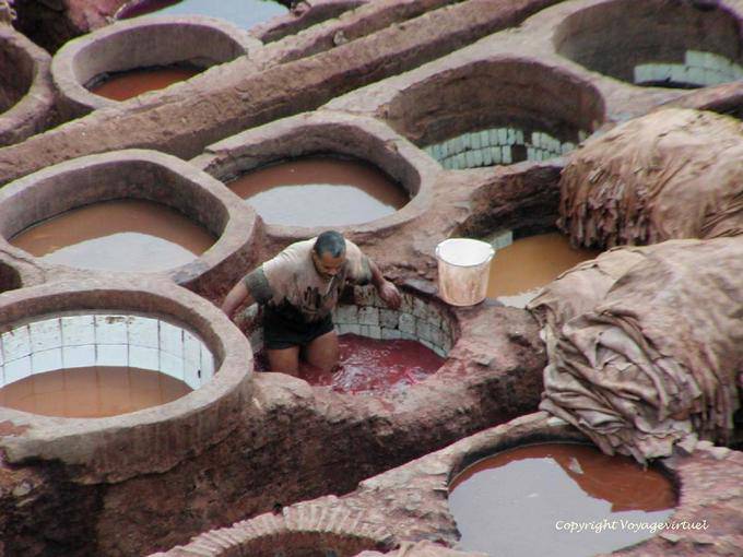 Il duro lavoro del tintore nel serbatoio con pareti in ceramica, Fes - Marocco