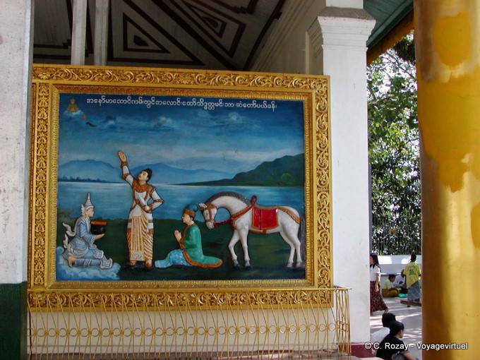 Tavolo Relief illustra un momento della vita di Buddha, Shwedagon Pagoda, Yangon - Myanmar (Birmania)