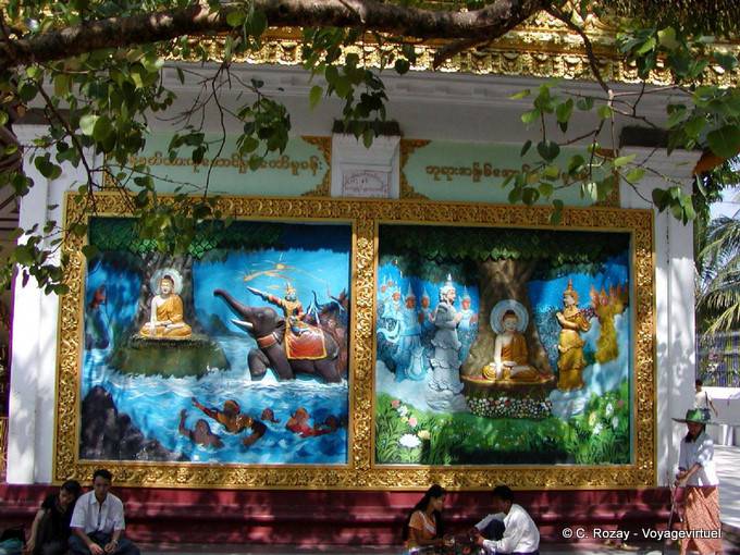 Rilievo murale raffigurante scene della vita di Buddha, Shwedagon Pagoda, Rangoon - Myanmar (Birmania)