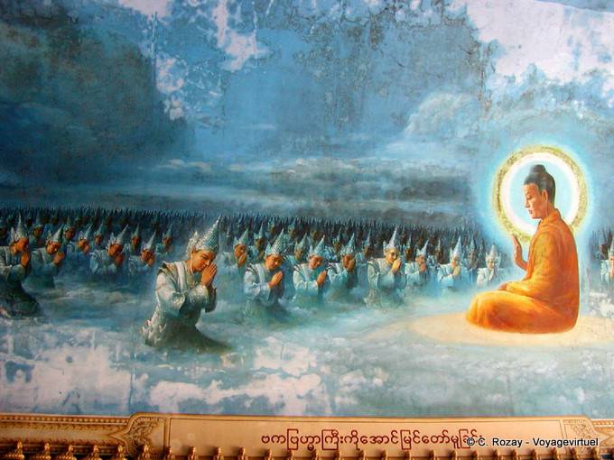 Enorme fresco, illustrazione vita di Buddha, Maha Wizaya Pagoda, Rangoon - Myanmar (Birmania)