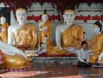 La meditazione in ginocchio ai piedi dei Buddha, Shwedagon Pagoda, Yangon, Birmania.