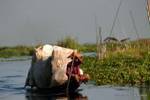 Barca piena di beni navigazione del Belu Chaung sud del lago Inle, Sagar, Birmania.