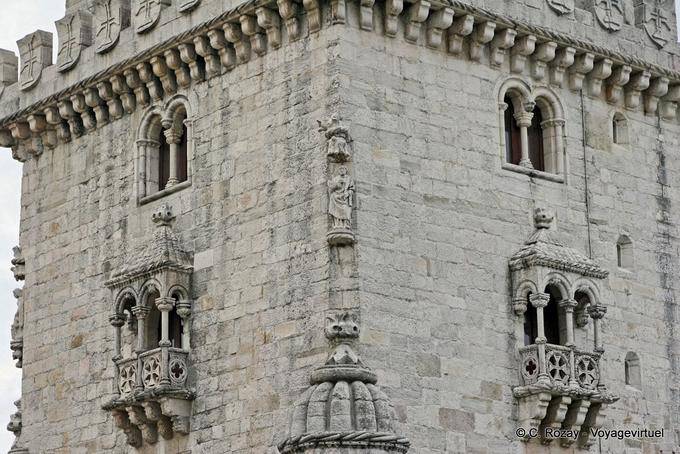 Primo piano su architettura della torre prigione di Belém, Lisbona - Portogallo
