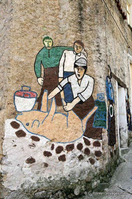 Orgosolo, uccidere il maiale, pittura naif di Via Tiziano - Sardegna