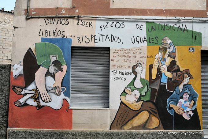 Orgosolo, tosatura delle pecore e la famiglia, murale - Sardegna