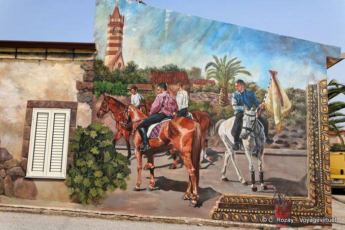 Tinnura, cavalieri del Palio, murale - Sardegna