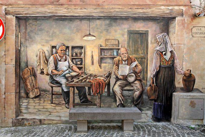Tinnura, il calzolaio nel suo negozio, Via Fontana, murale - Sardegna