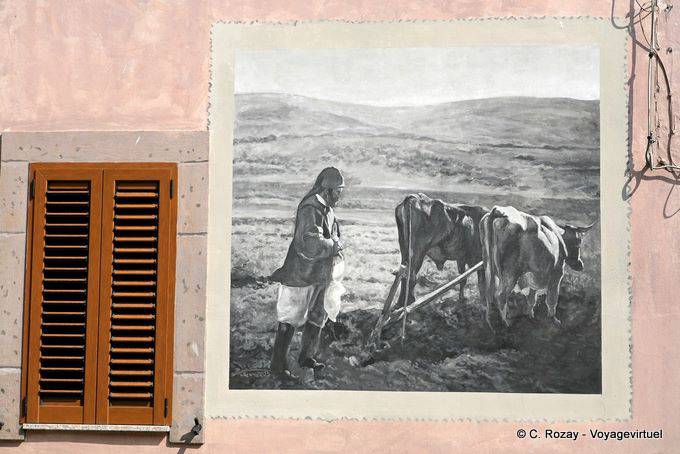 Tinnura, scena di aratura, pittura in bianco e nero - Sardegna