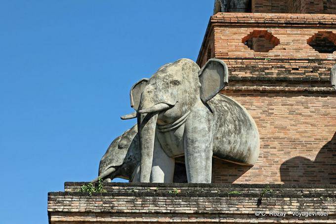 In uscita statue di elefante chedi, Wat Chedi Luang, Chiang Mai - La Tailandia