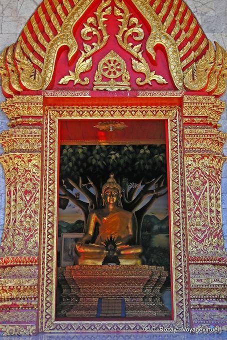 Buddha vide attraverso la finestra, Wat Chedi Luang, Chiang Mai - La Tailandia
