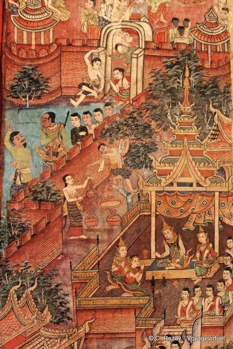 Dettaglio del murale in Viharn Lai Kham, Wat Phra Singh, Chiang Mai - La Tailandia