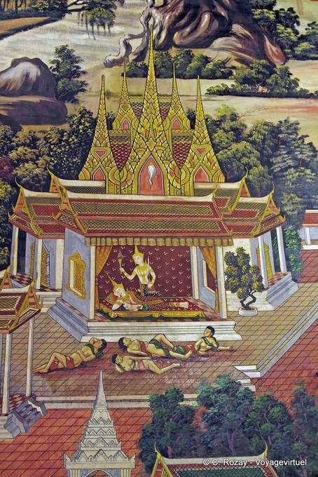 Fase di vita reale, murale, Wat Phra Si Rattana Mahathat, Phitsanulok - La Tailandia