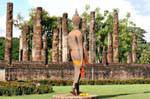 Buddha che cammina sul fondo di colonne, Sukhothai, il Wat Sa Si, La Tailandia.